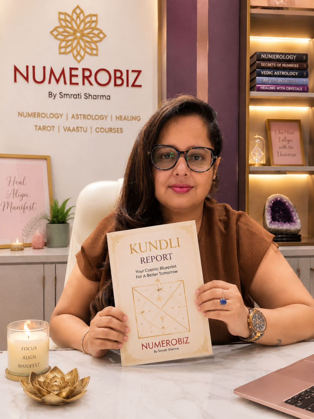 Smratti Sharrma, founder of Numerobiz, holding a Kundli report